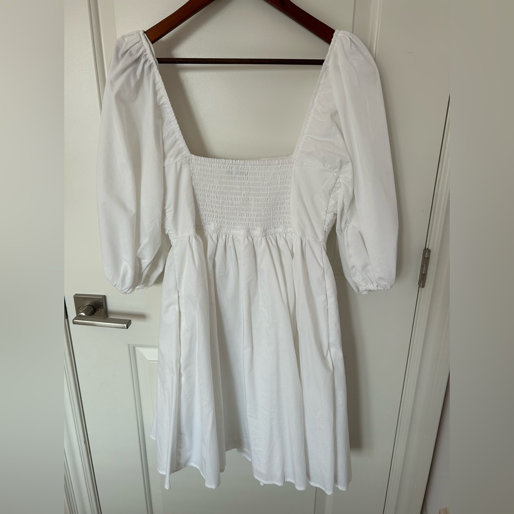 Abercrombie & Fitch Emerson Poplin Puff Sleeve Ruched Mini Dress White szXS tall - Picture 12 of 12